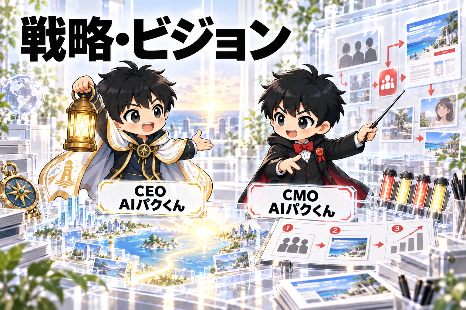 戦略・ビジョン。CEO AIパクくん × CMO AIパクくんがスキルを使って仕事を進める。