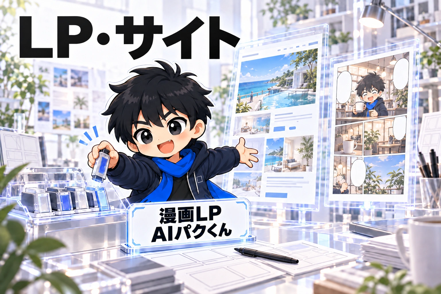 LP・サイト。漫画LP AIパクくんがスキルを使って仕事を進める。