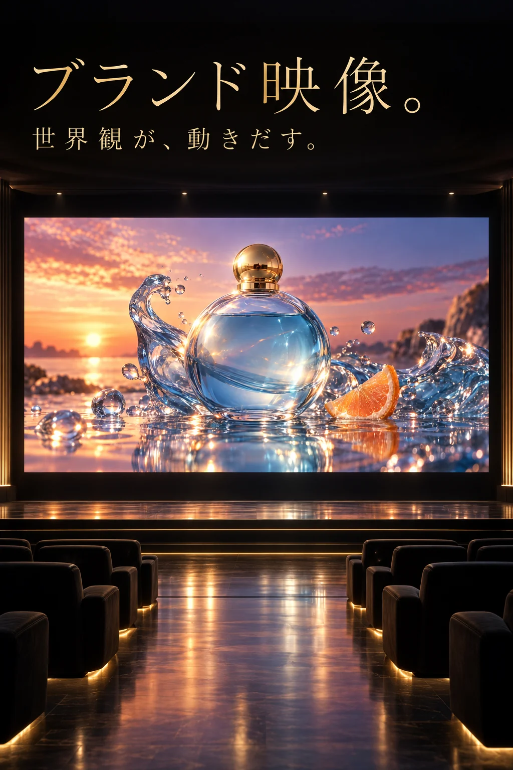 ブランド映像。世界観が、動きだす。映画館のスクリーンに映る香水瓶と夕日の海。