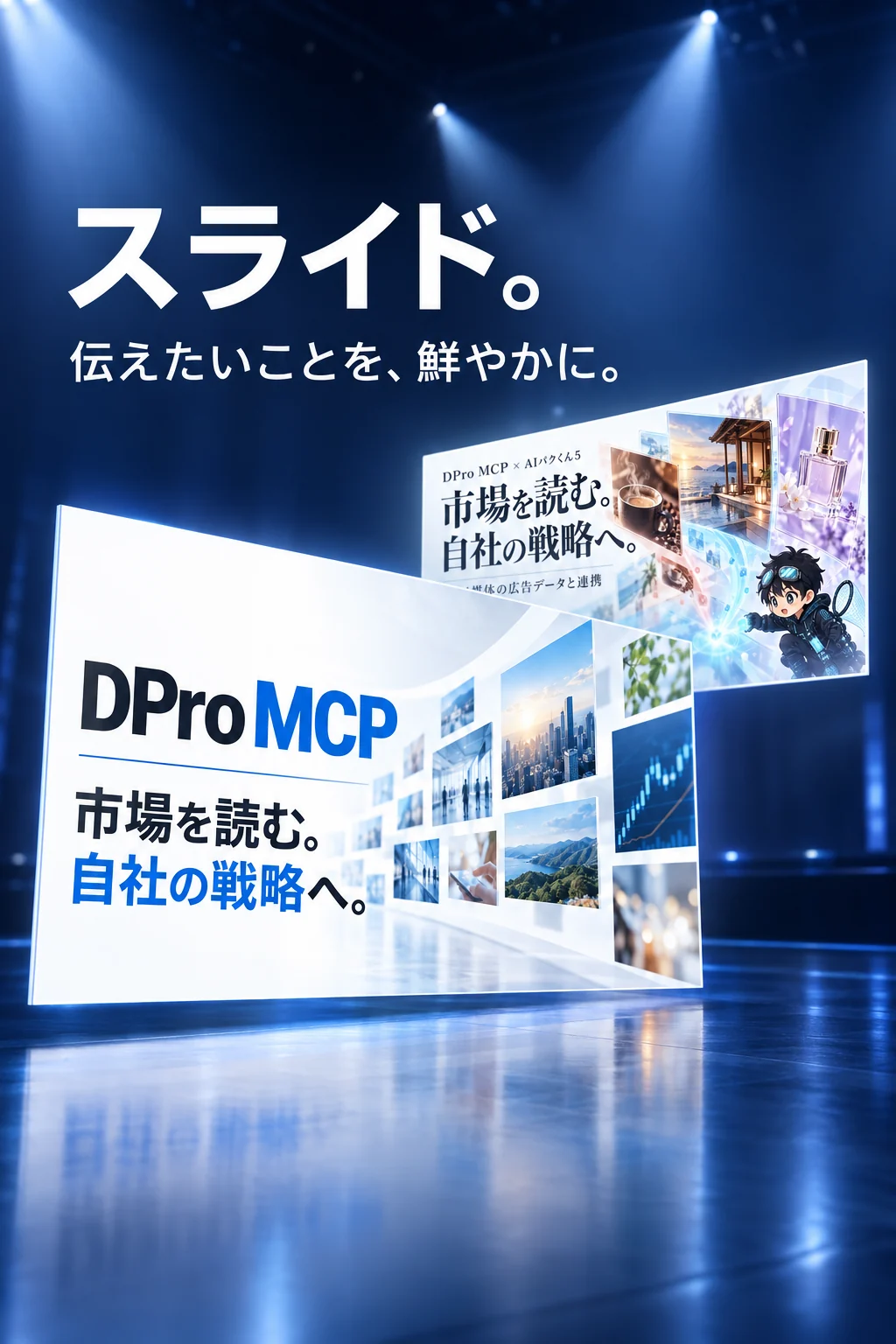 スライド。伝えたいことを、鮮やかに。発表の舞台に浮かぶ2枚のスライド。